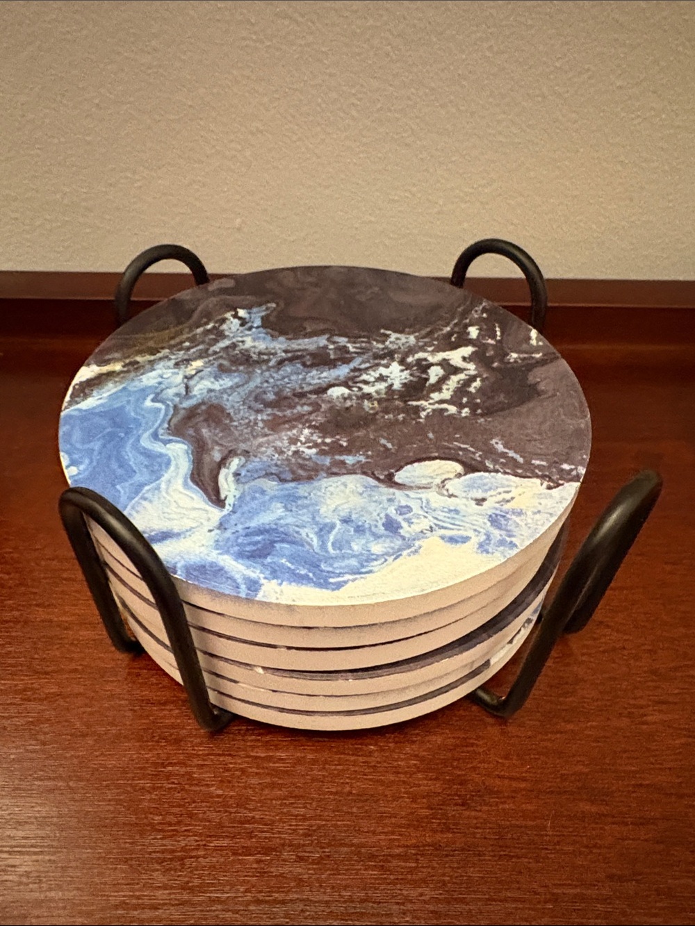 Blue Marble Round Coaster Set with Black Holder - Home Art